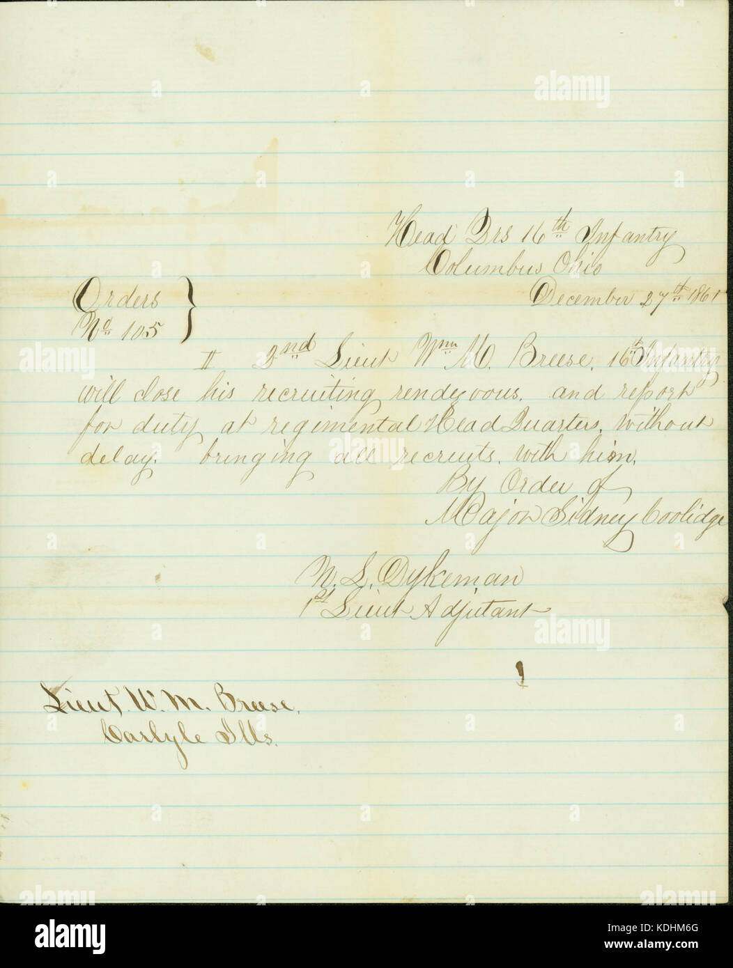 Orders, No. 105, Head Quarters 16th Infantry, Columbus, Ohio, signed W.S. Dykeman, December 27, 1861 Stock Photo