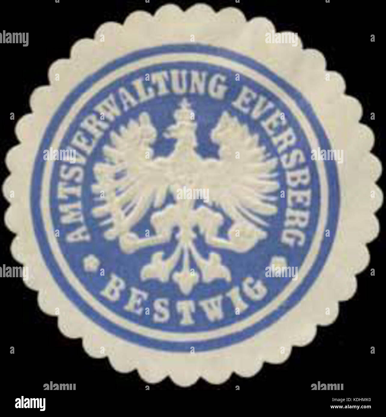 The Siegelmarke of the Amtsverwaltung Eversberg Bestwig represents the official seal of the administrative office in Bestwig, Germany. It signifies local governance and authority in the region. Stock Photo