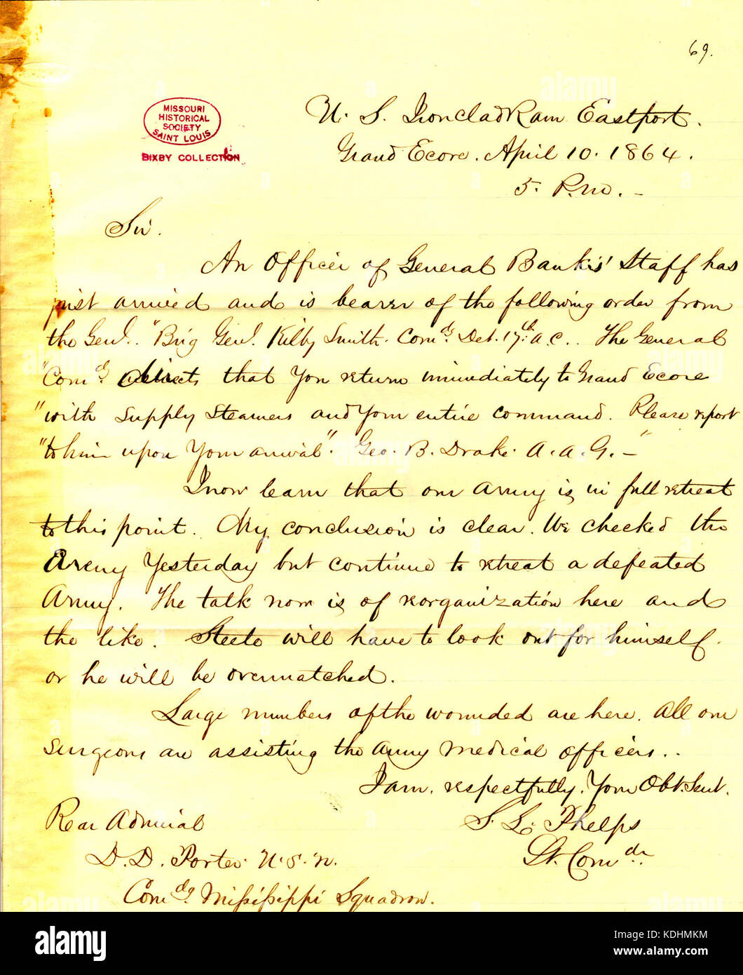 Letter from S. L. Phelps, U. S. Ironclad Ram Eastport, Grand Ecore, to  (David D.) Porter, April 10, 1864 Stock Photo - Alamy