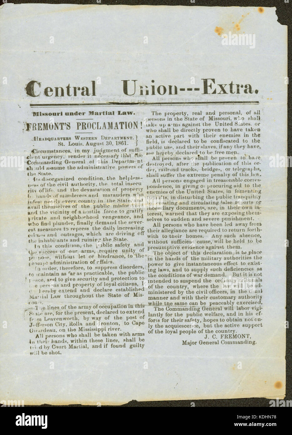 Newspaper issue of theCentral Union Extra, August 30, 1861 Stock Photo