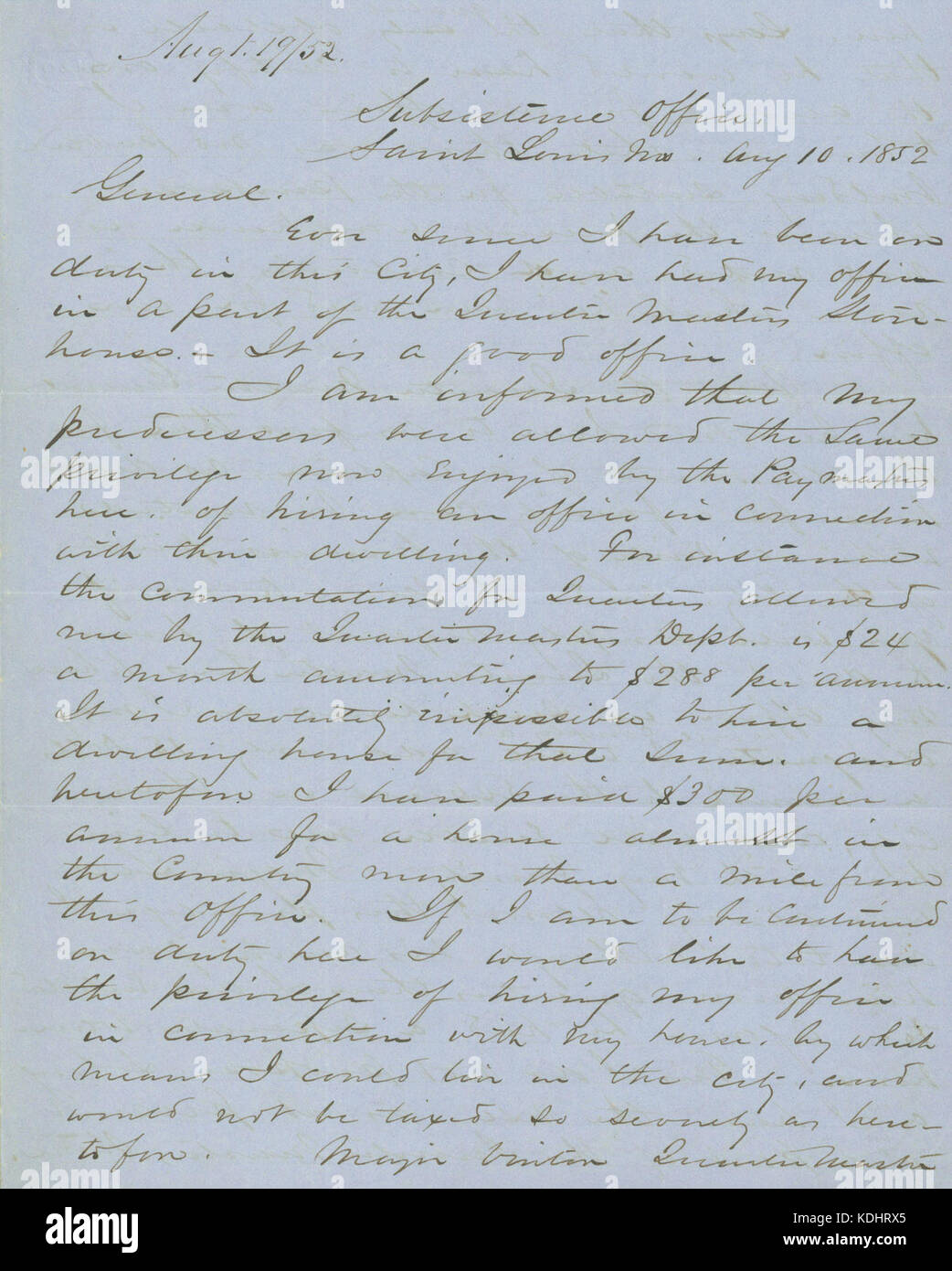 Letter signed W.T. Sherman, Subsistence Office, Saint Louis, Mo., to General George Gibson, Washington, D.C., August 10, 1852 Stock Photo