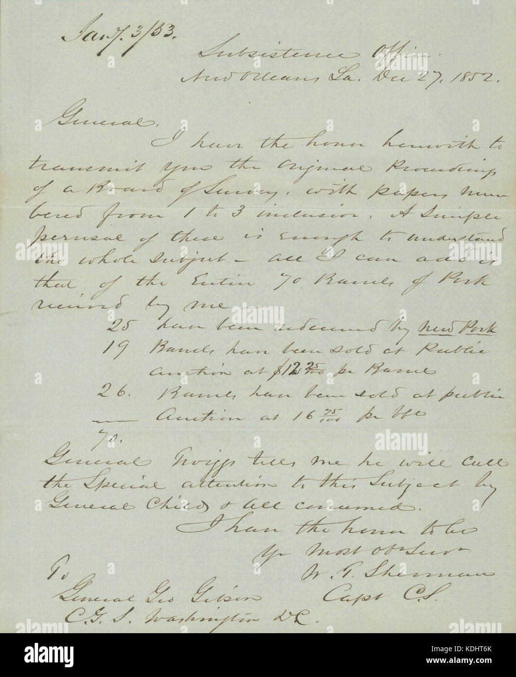Letter signed W.T. Sherman, Subsistence Office, New Orleans, to General George Gibson, Washington, D.C., December 27, 1852 Stock Photo