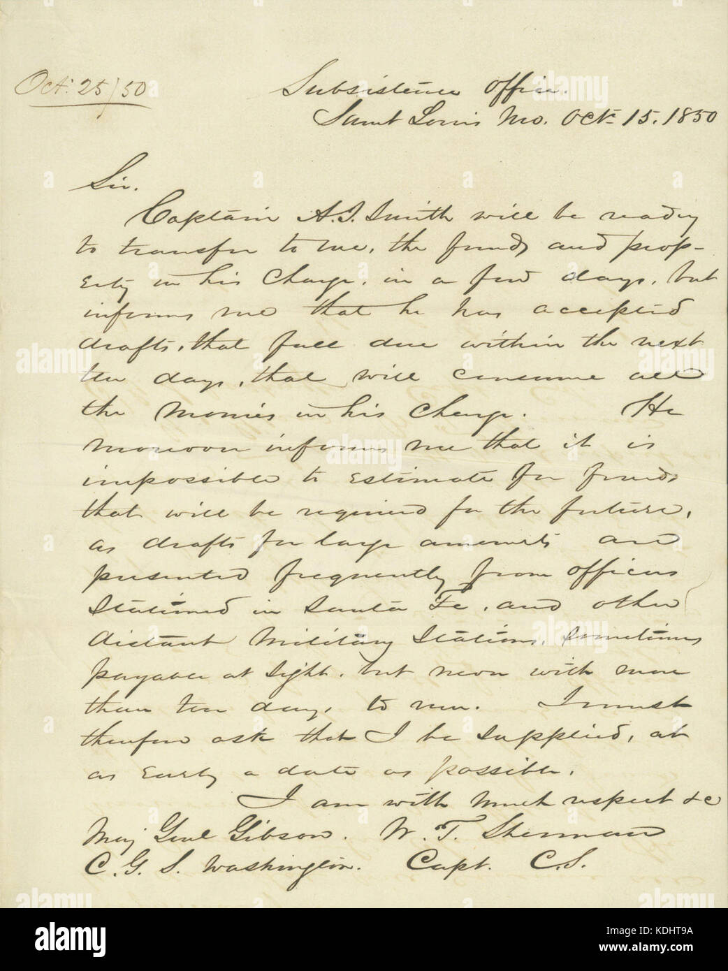 Letter signed W.T. Sherman, Subsistence Office, Saint Louis, Mo., to Major General George Gibson, Washington, October 1, 1850 Stock Photo