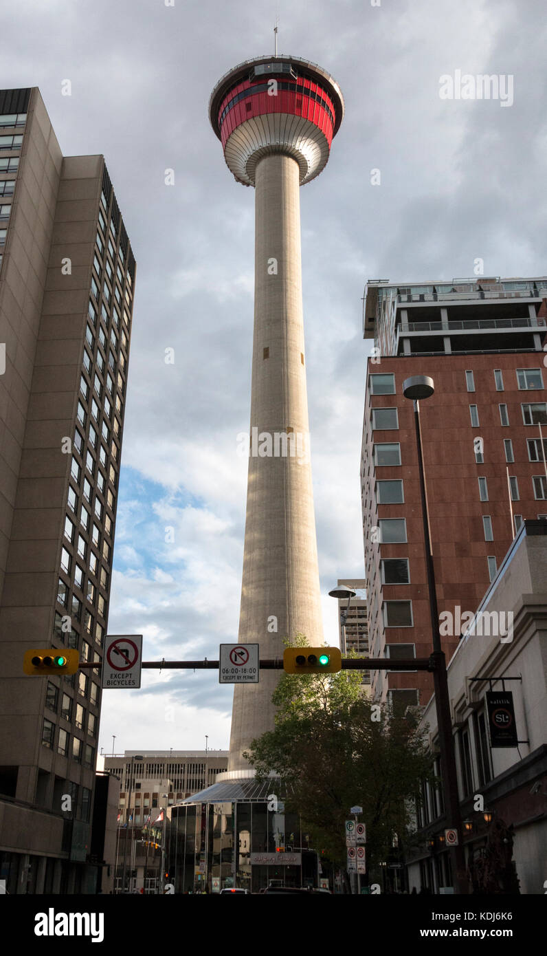 Calgary, Alberta/Canada – August 30, 2015: The Calgary Tower seen from the intersection of Centre St. & 8 Avenue SW in Calgary, Alberta. Stock Photo