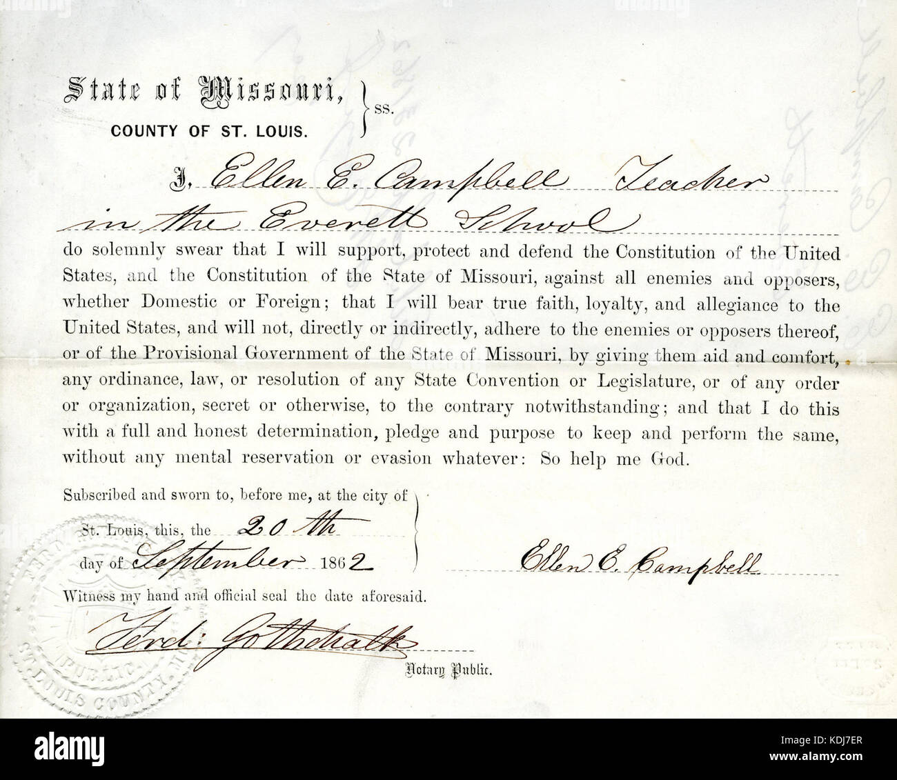 Loyalty oath of Ellen E. Campbell of Missouri, County of St. Louis Stock Photo