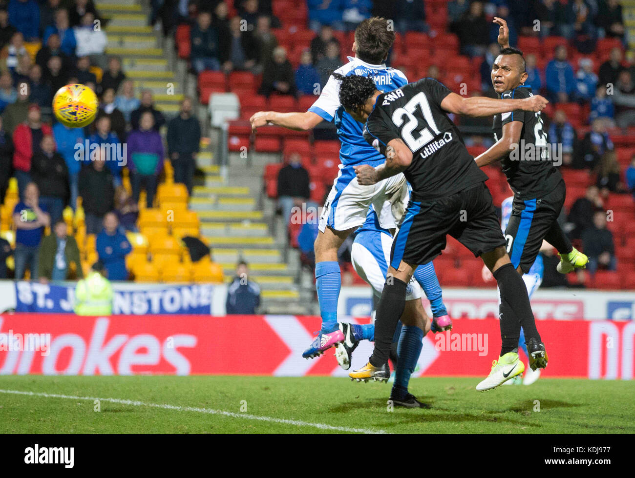 Rangers Carlos Pena scores his side's second goal of the game during the Ladbrokes Scottish Premiership match at McDiarmid Park, Perth. Stock Photo