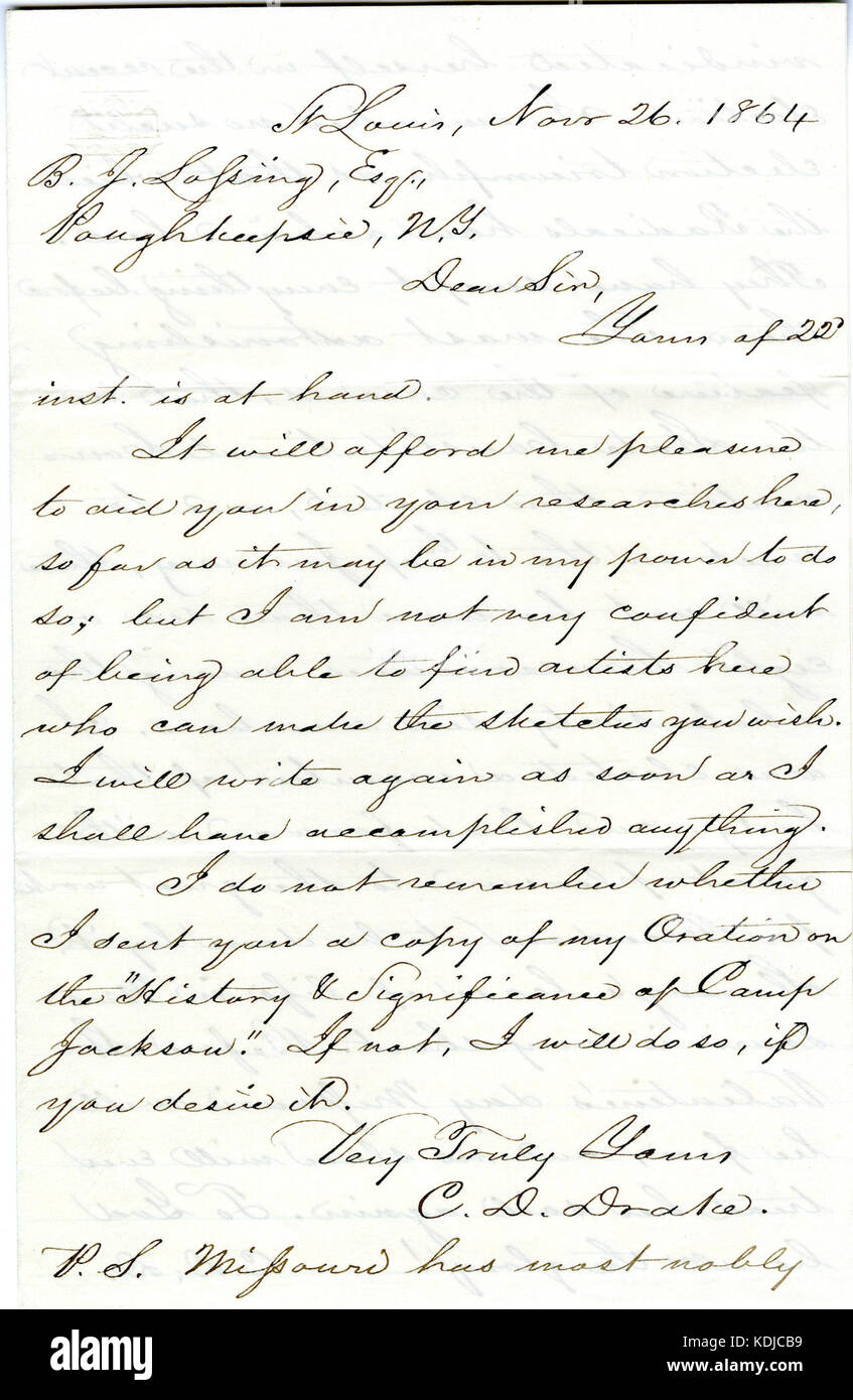 Letter signed C.D. Drake, St. Louis, to B.J. Lossing, Esq., Poughkeepsie, N.Y., November 26, 1864 Stock Photo