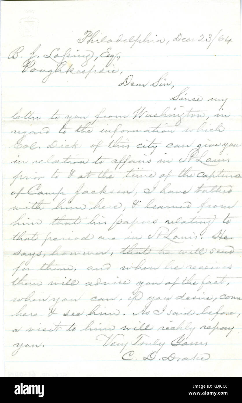 Letter signed C.D. Drake, Philadelphia, to B.J. Lossing, Esq., Poughkeepsie, December 23, 1864 Stock Photo