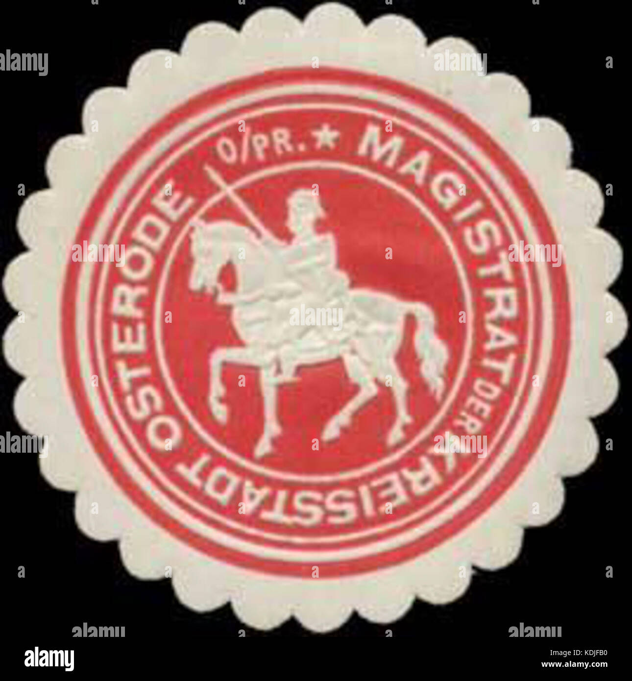 This stamp, labeled Siegelmarke Magistrat der Kreisstadt Osterode, was used in the Prussian town of Osterode, illustrating an official seal of the local magistrate. Stock Photo