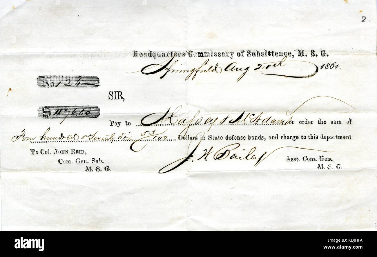 Requisition for payment from J.H. Bailey, Headquarters Commissary of Subsistence M.S.G., Springfield, to Col. John Reid, August 20, 1861 Stock Photo