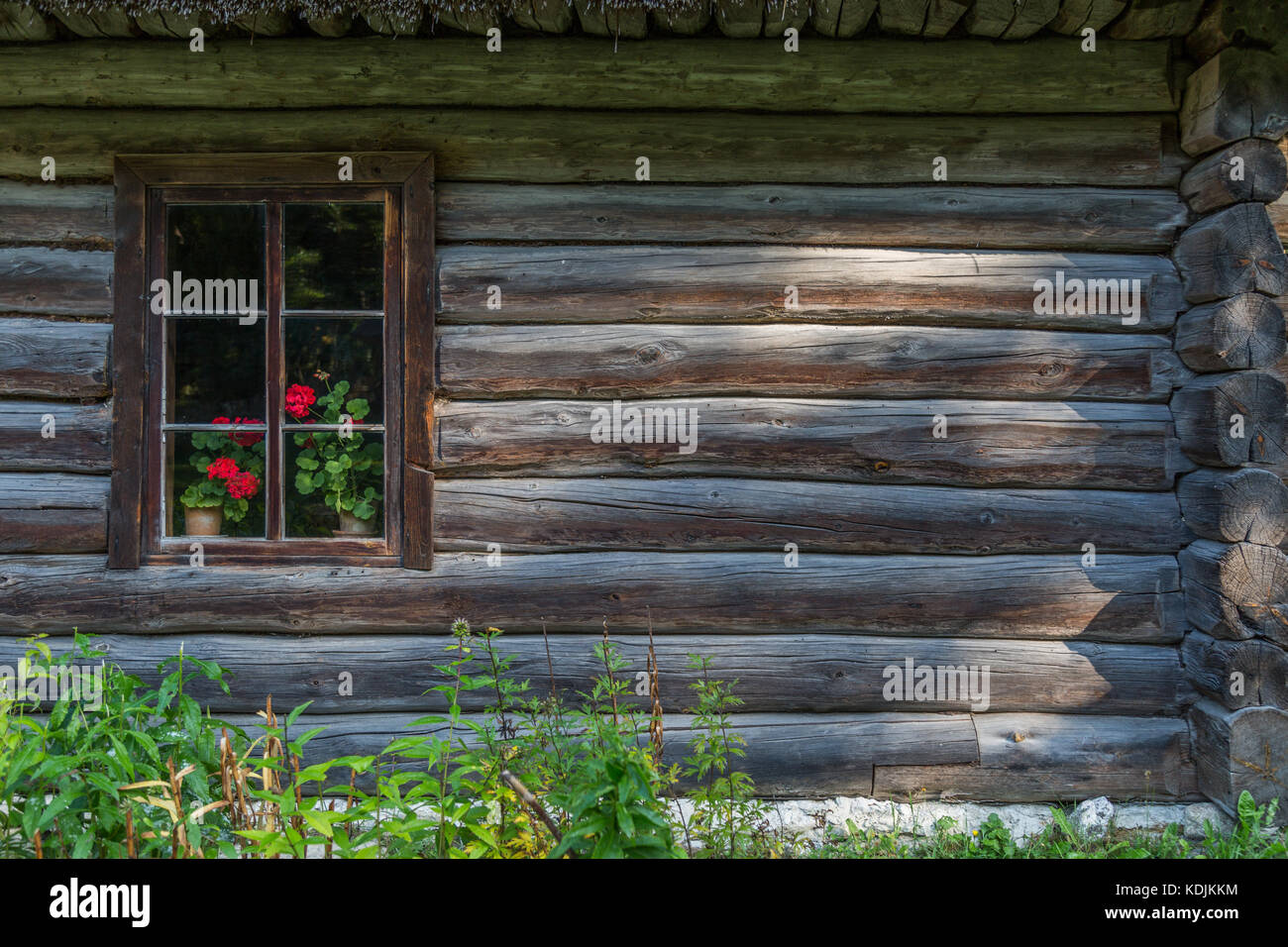 A window with flowers in an old wooden house of Traditional housing of ...