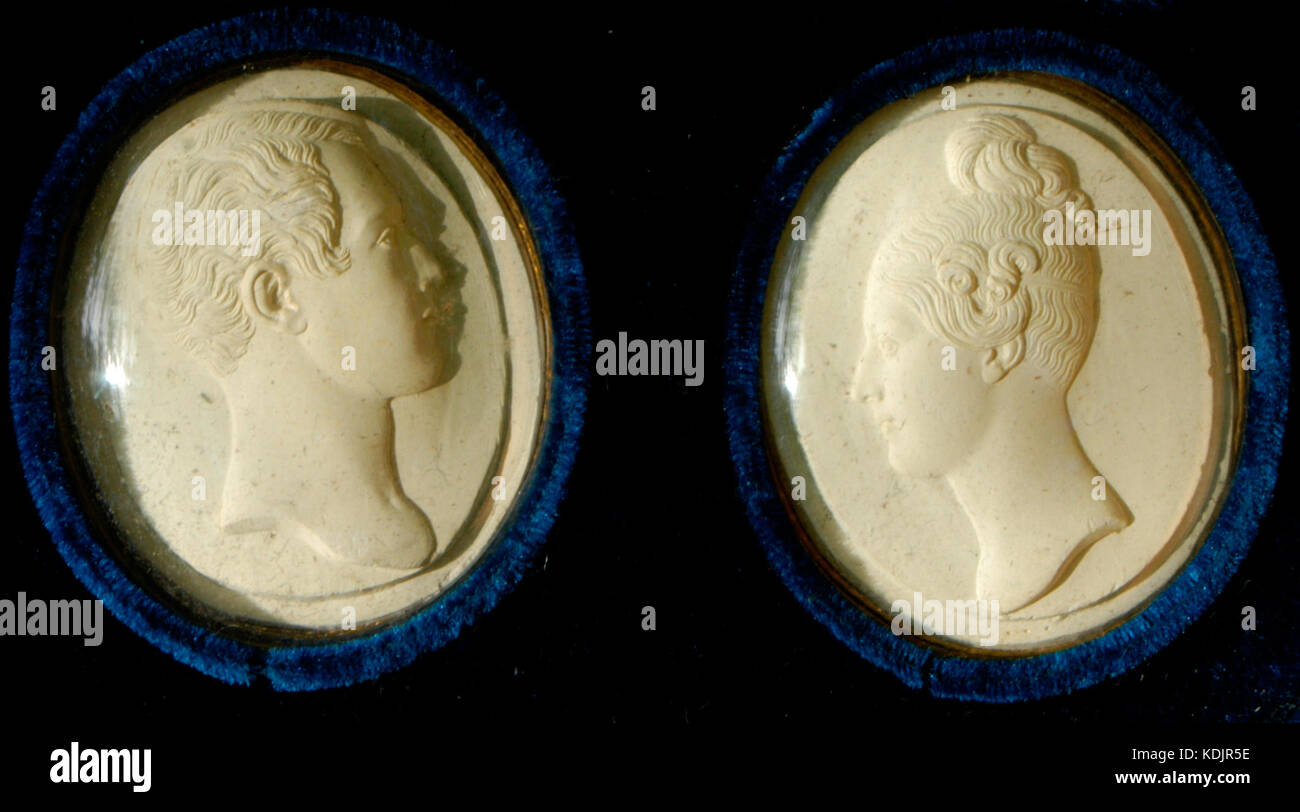 Plaster oval miniature reliefs of De Tabley and his wife Nina, circa 1833 Stock Photo