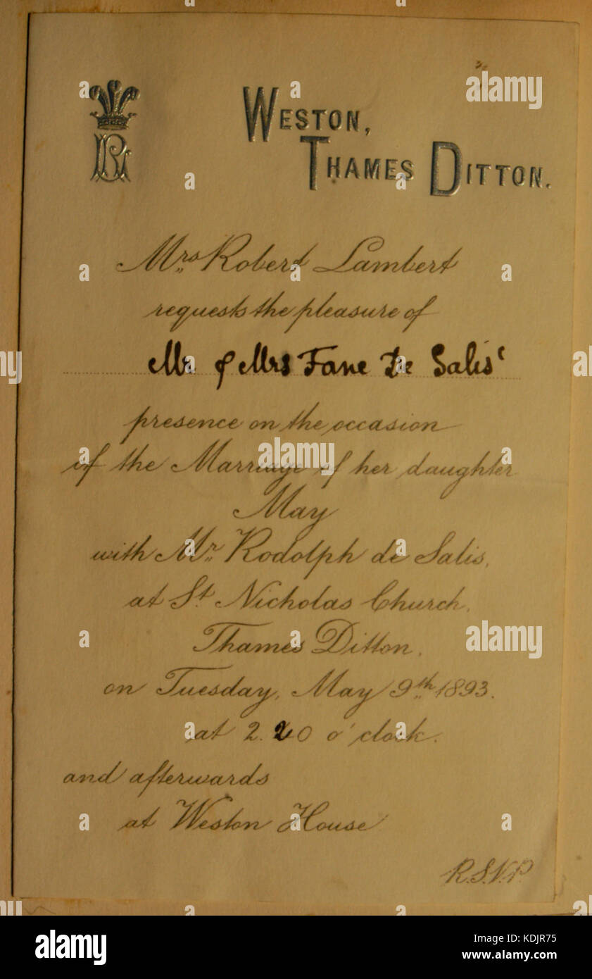 Invitation to marriage of Rodolph de Salis & May Lambert, Thames Ditton, May 1893 Stock Photo