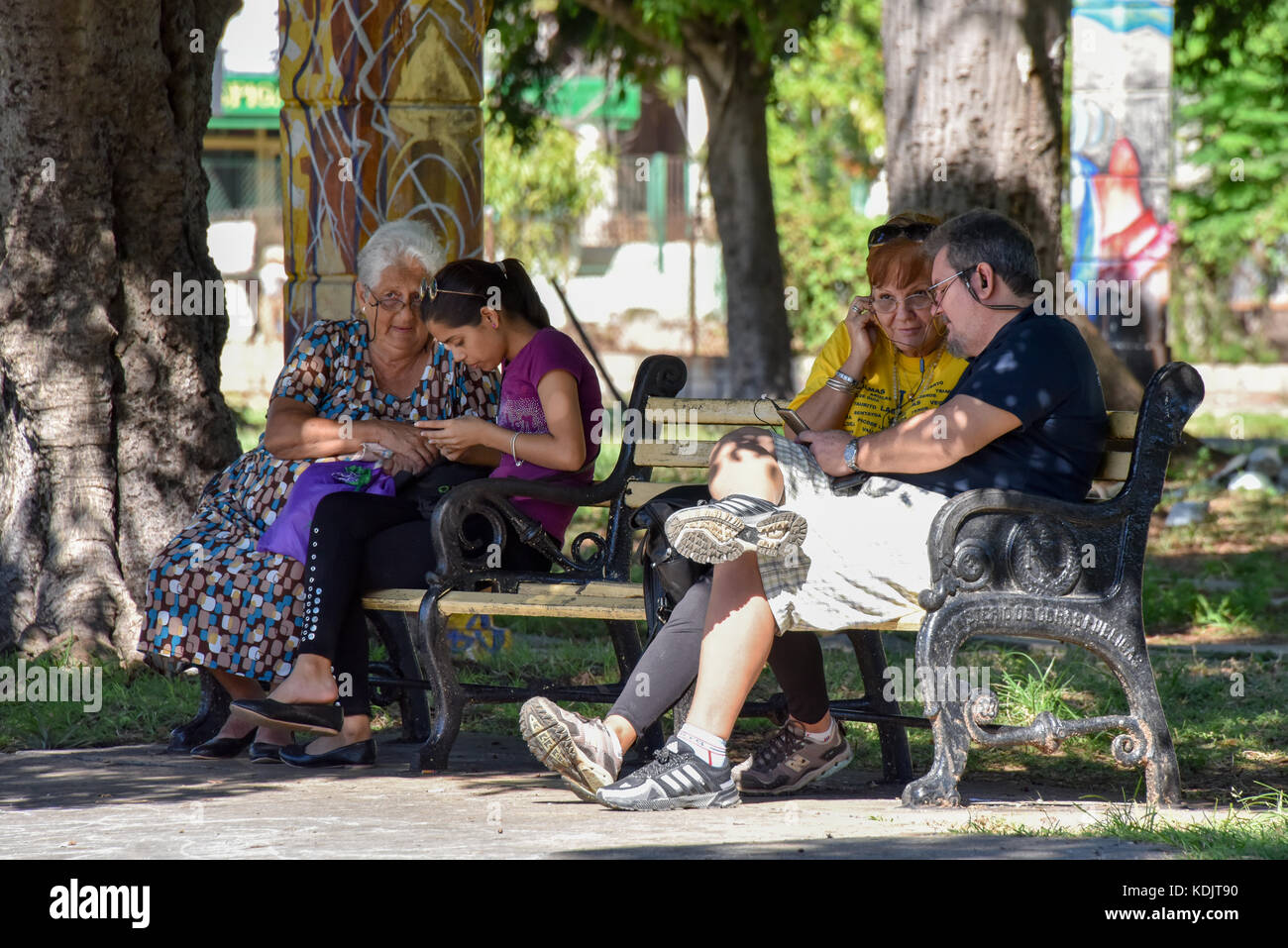 People connecting to the Internet via Wifi in a park in Vedado, Havana, Cuba Stock Photo