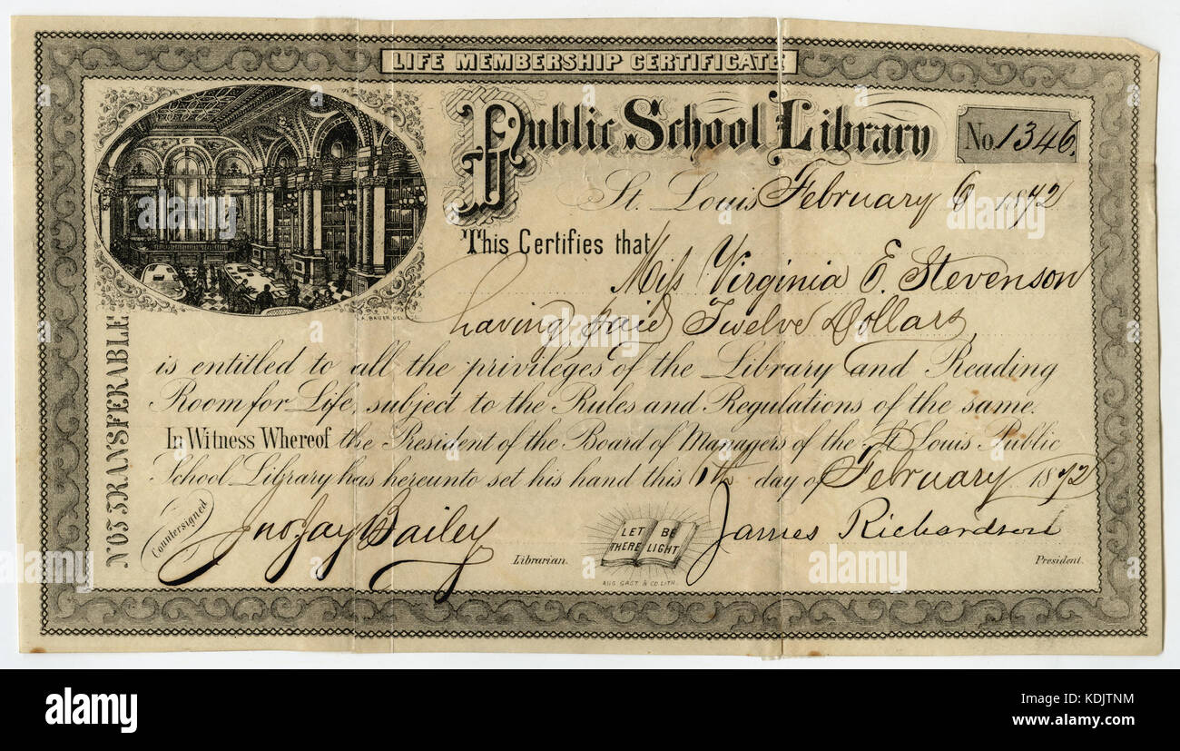 Life membership certificate no. 1346 of the Public School Library, St. Louis, issued to Miss Virginia E. Stevenson, February 6, 1872 Stock Photo