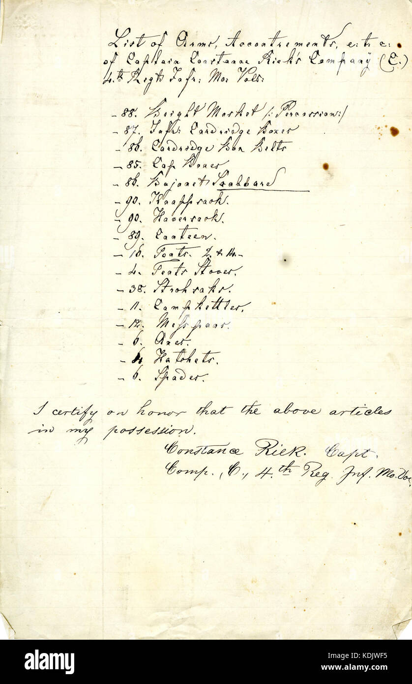List of quartermaster accoutrements, certified by Captain Constance Riek of Company C of the 4th Missouri Infantry, 1861 1863 Stock Photo