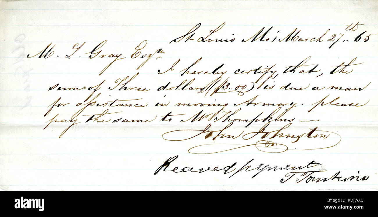 Receipt for payment of $3.00 received by T. Tomkins from M.L. Gray of the Old Guard (St. Louis, Mo.), March 27, 1865 Stock Photo