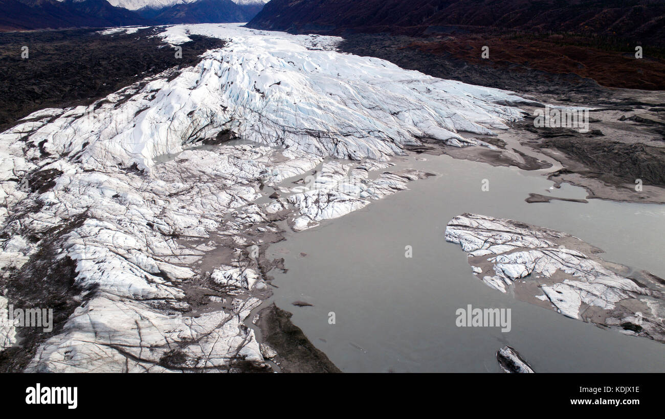 The Matanuska Glacier, an aerial photo from the Chrugach National Forest in Alaska USA. The Chugach National Forest is a 6,908,540-acre 27,958Â km2 Lo Stock Photo