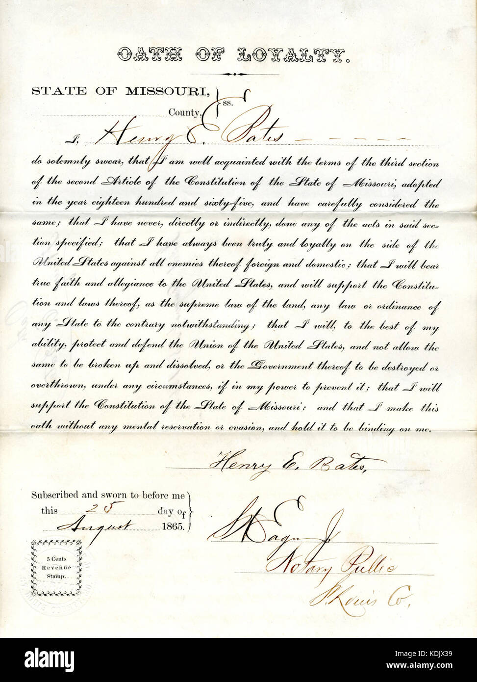 Loyalty oath of Henry E. Bates of Missouri, County of St. Louis Stock Photo