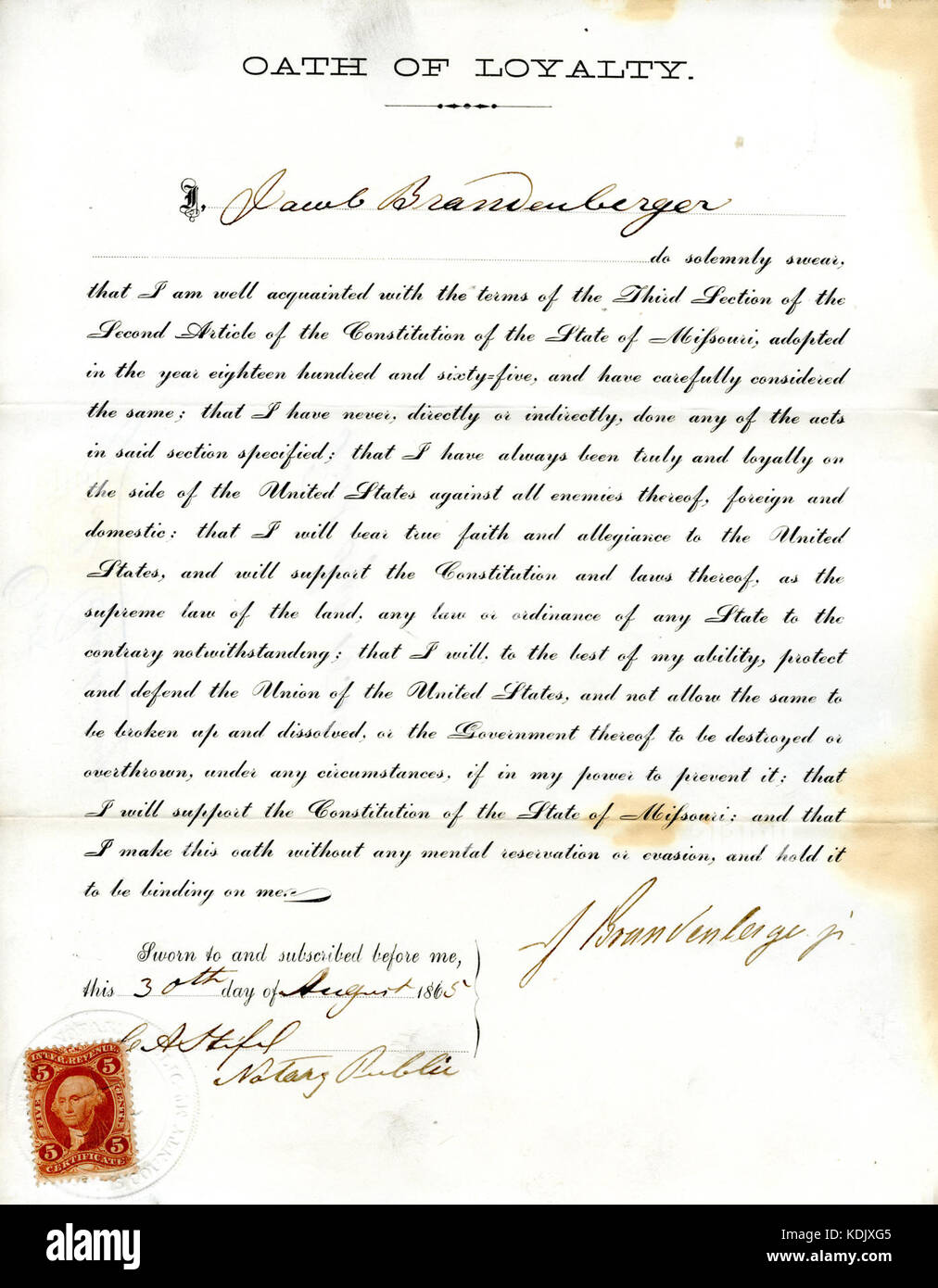 Loyalty oath of Jacob Brandenberger of Missouri, County of St. Louis Stock Photo