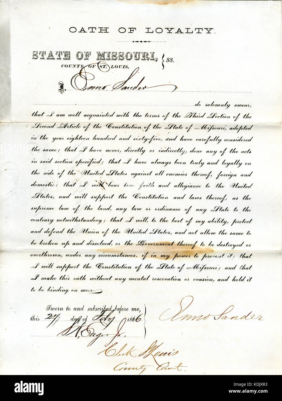 Loyalty oath of Enno Sander of Missouri, County of St. Louis Stock Photo
