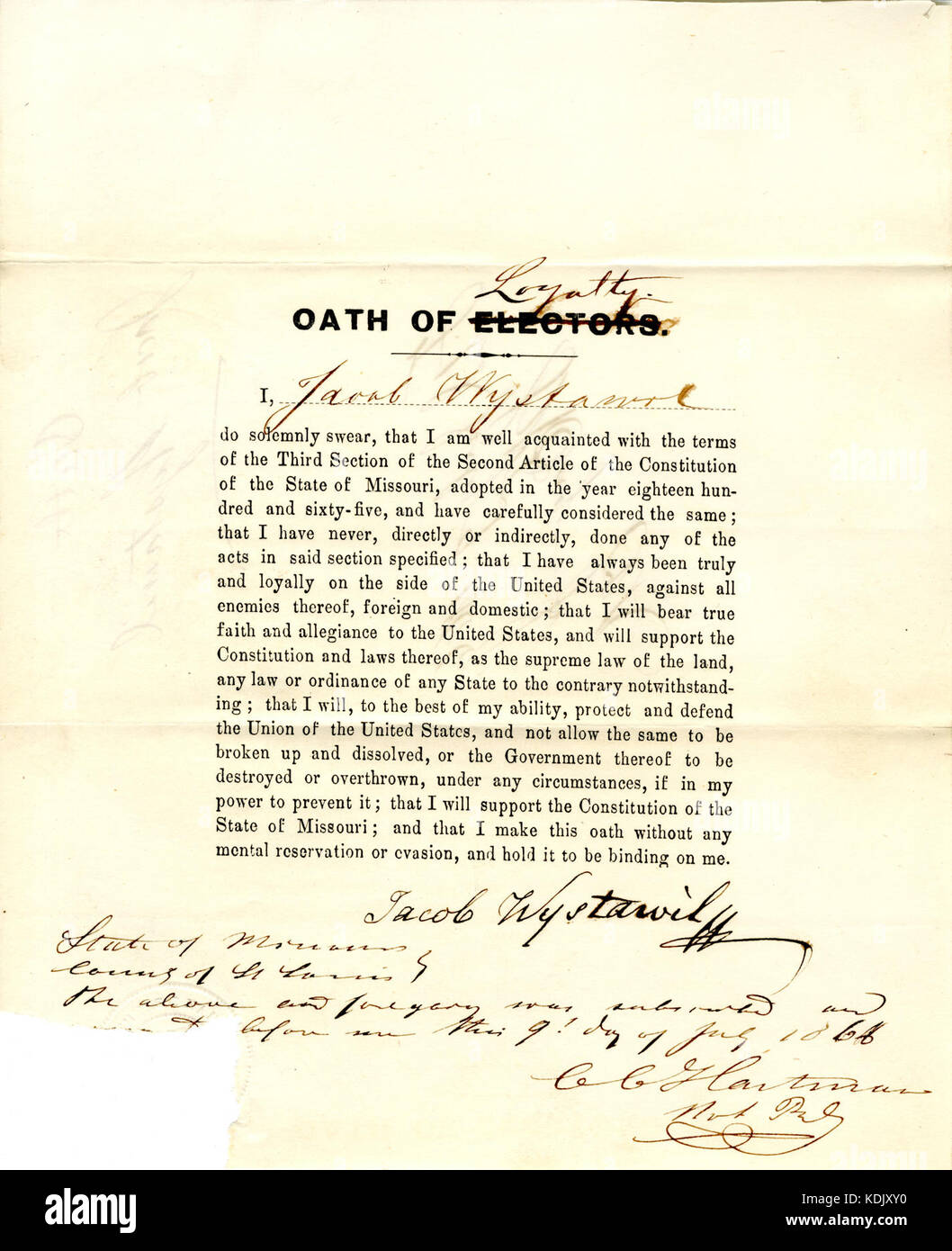 Loyalty oath of Jacob Wystawil of Missouri, County of St. Louis Stock Photo