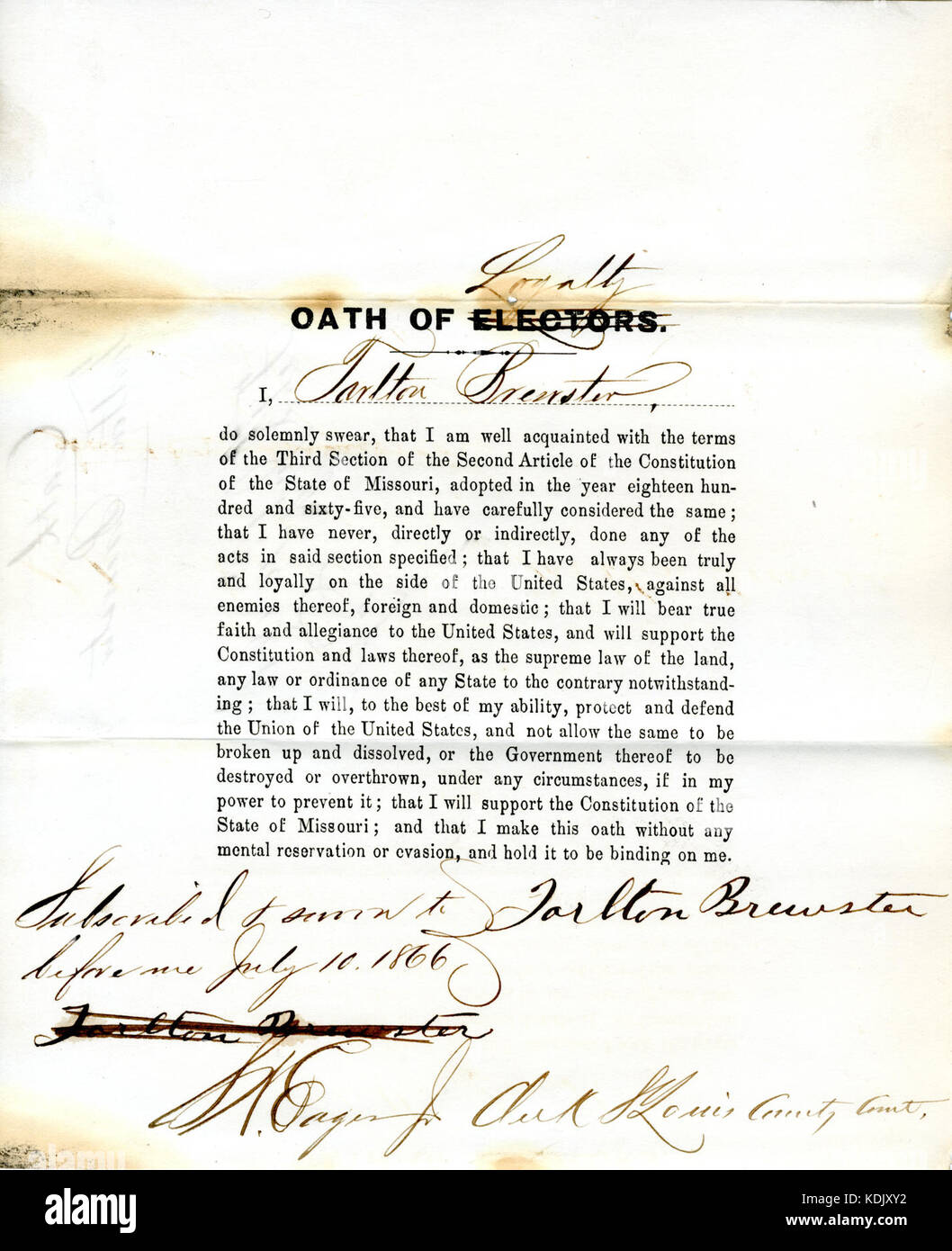 Loyalty oath of Tarlton Brewster of Missouri, County of St. Louis Stock