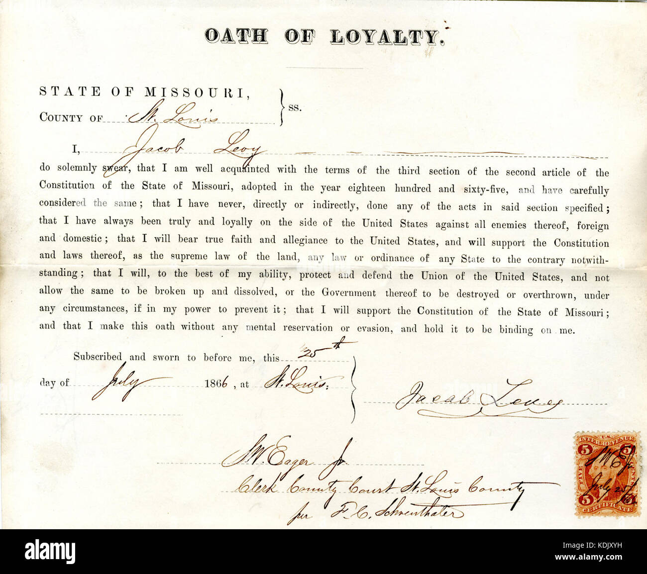 Loyalty oath of Jacob Levy of Missouri, County of St. Louis Stock Photo