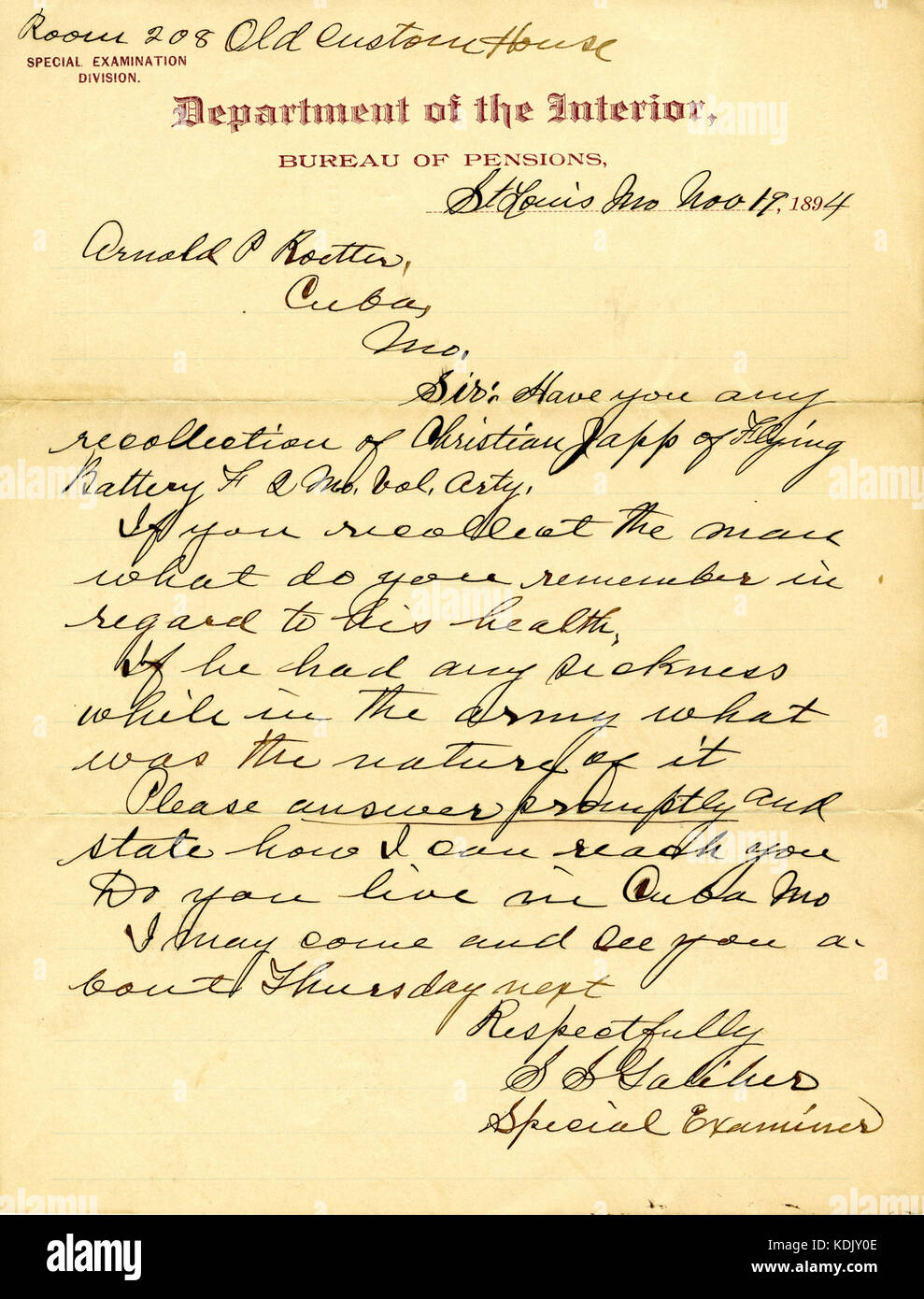 Letter of Department of the Interior, Bureau of Pensions, St. Louis, Mo.,  to Arnold P. Roetter, Cuba, Mo., November 19, 1894 Stock Photo - Alamy