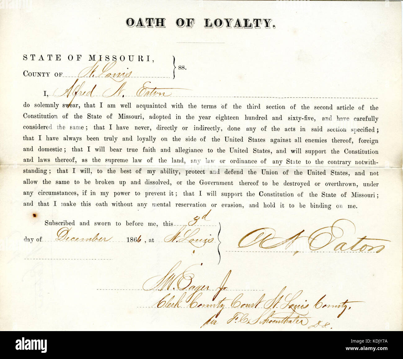 Loyalty oath of Alfred N. Eaton of Missouri, County of St. Louis Stock