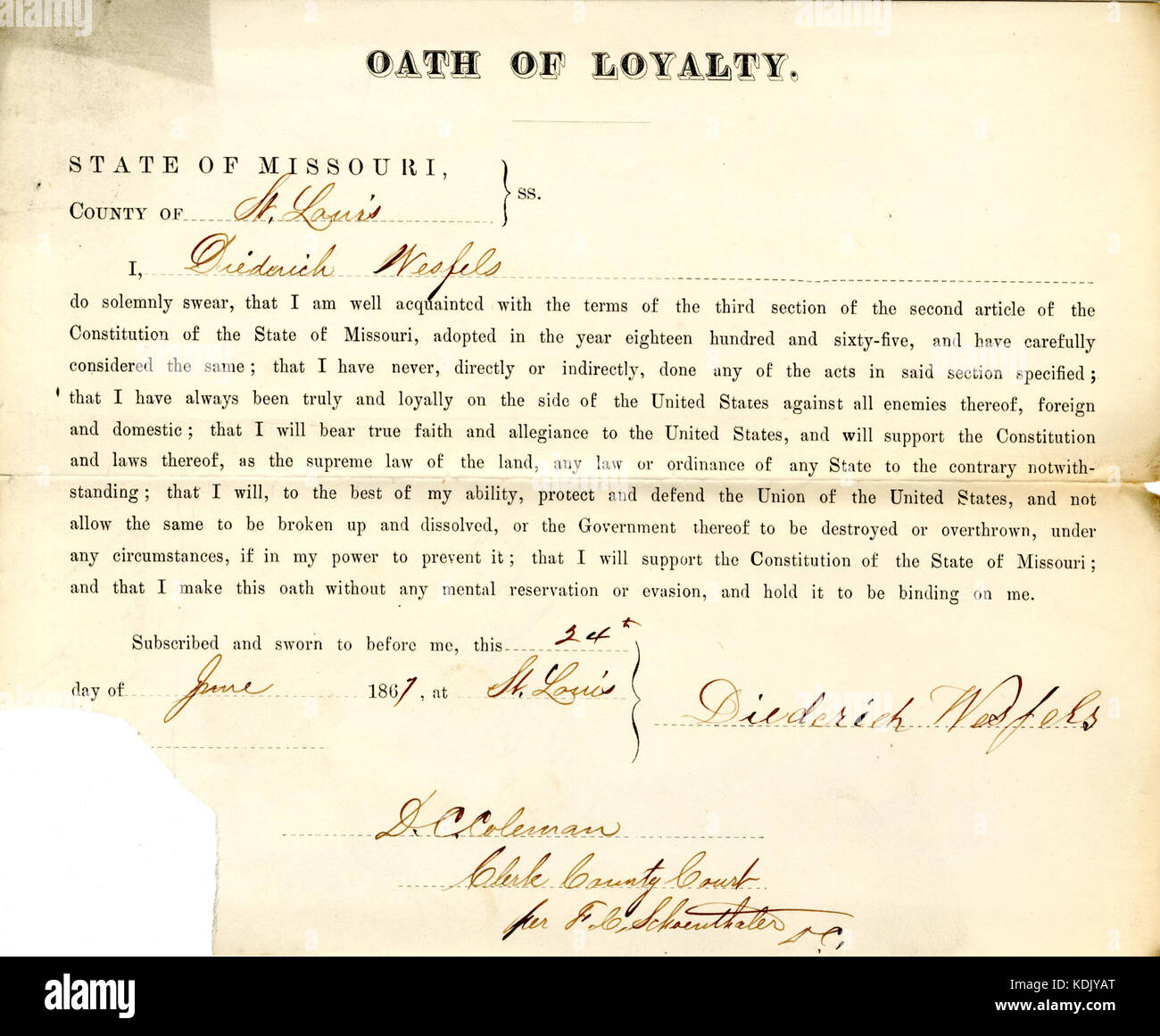 Loyalty oath of Diederich Wessels of Missouri, County of St. Louis Stock Photo