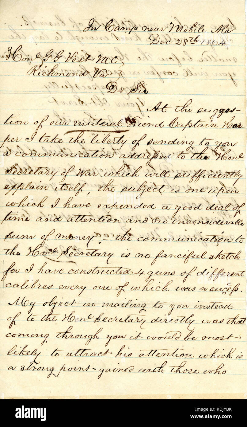 Letter signed F.J. Smith, in camp near Mobile, Ala., to Hon G.G. Vest, Richmond, Va., December 28, 1864 Stock Photo