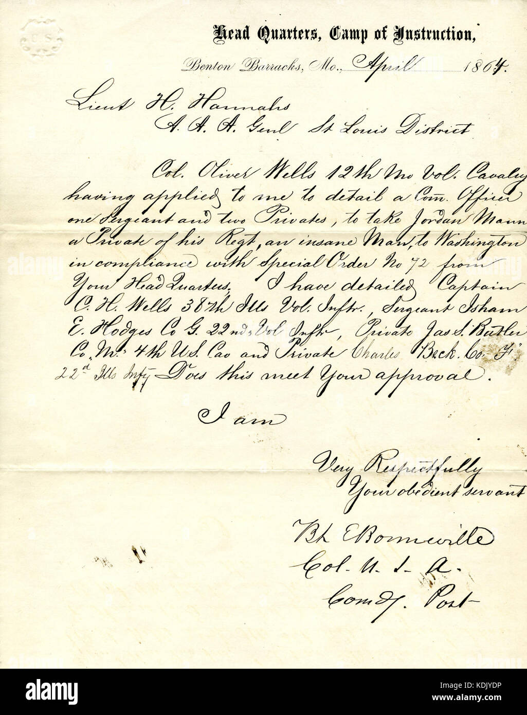 Letter signed B.L.E. Bonneville, Head Quarters, Camp of Instruction