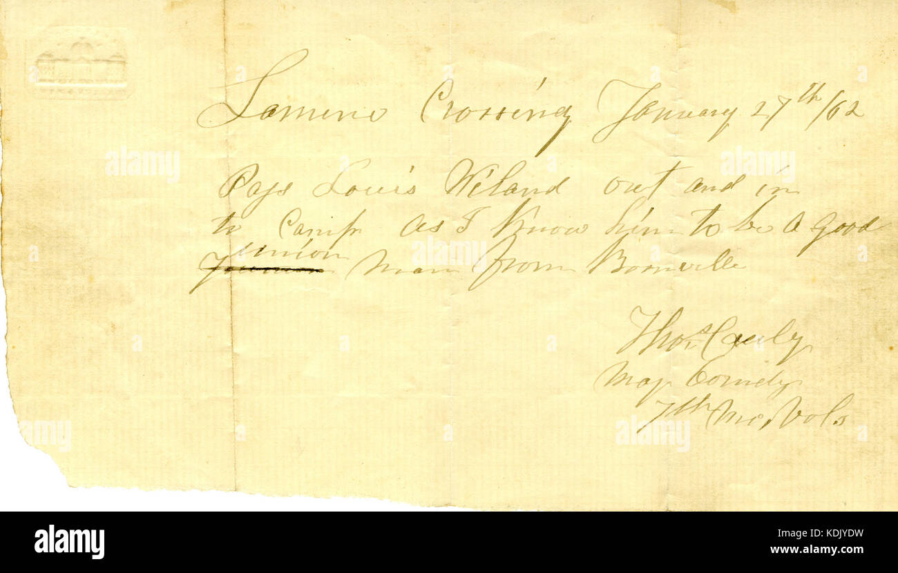 Military pass of Lewis Weyland, January 29, 1862 Stock Photo