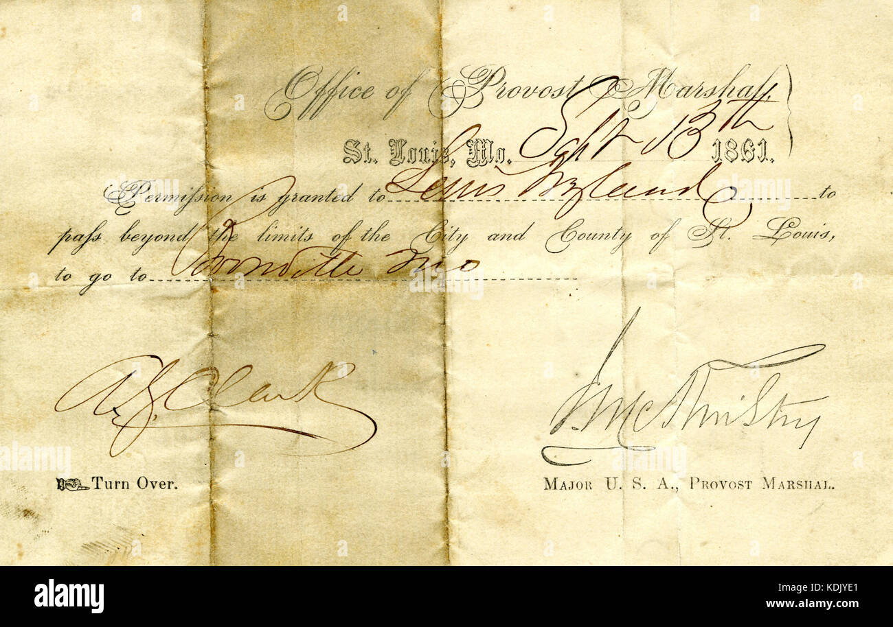 Military pass of Lewis Weyland, September 13, 1861 Stock Photo