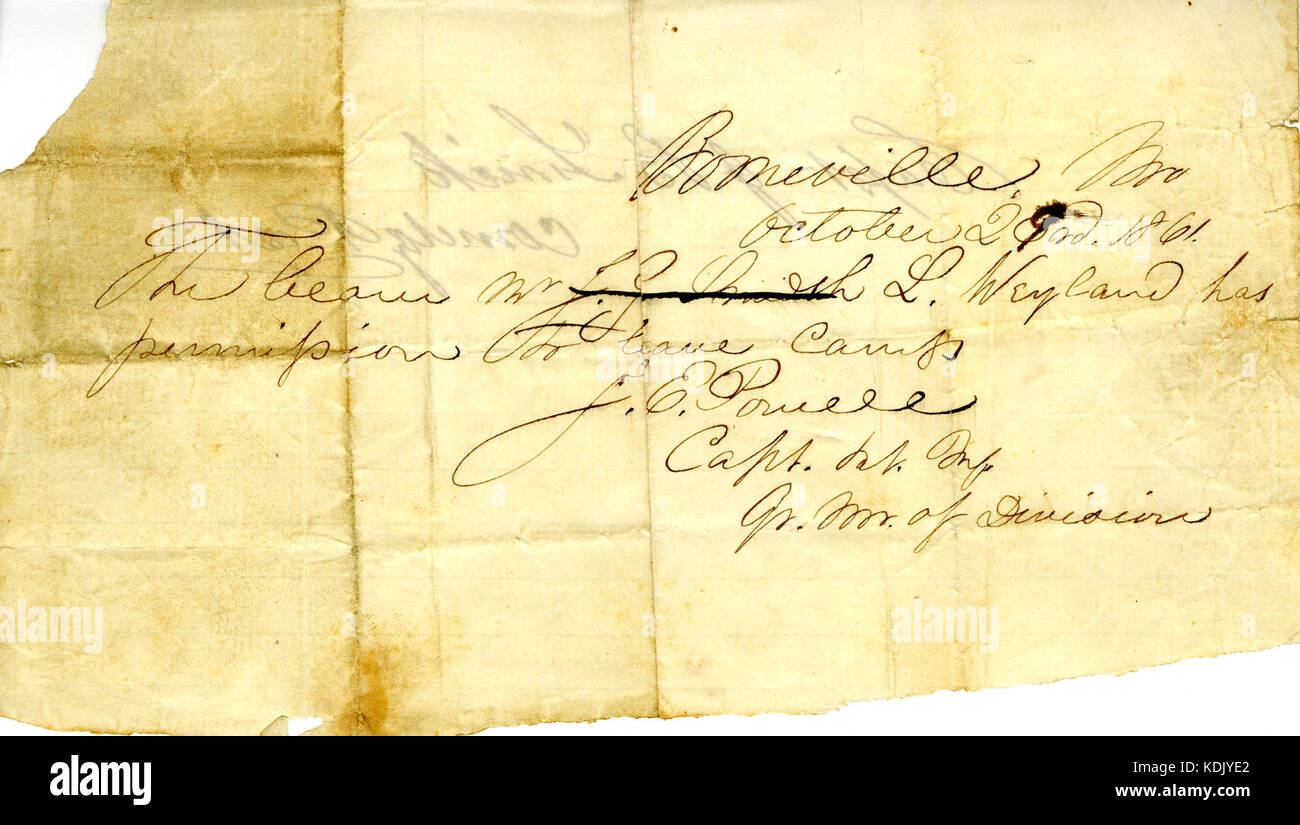 Military pass of L. Weyland (Lewis Weyland), October 2, 1861 Stock Photo