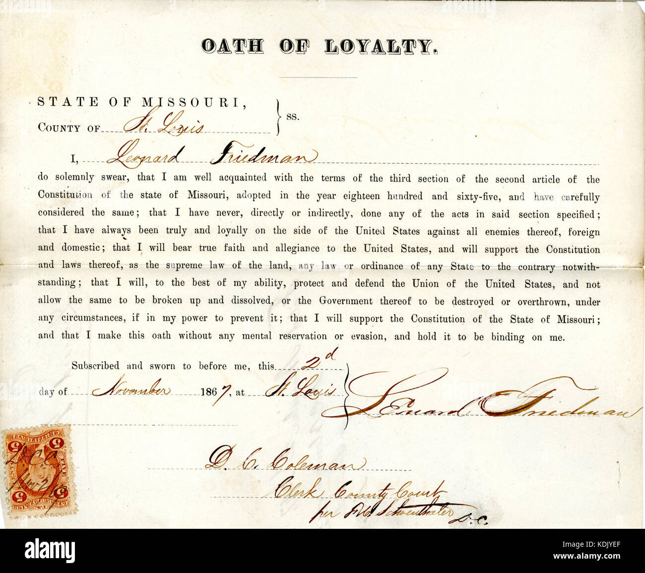 Loyalty oath of Leonard Friedman of Missouri, County of St. Louis Stock Photo