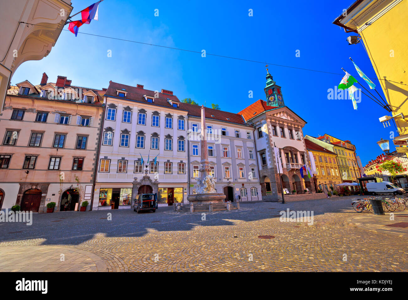 Ljubljana old town cobbled street and city hall view, capital of Slovenia Stock Photo