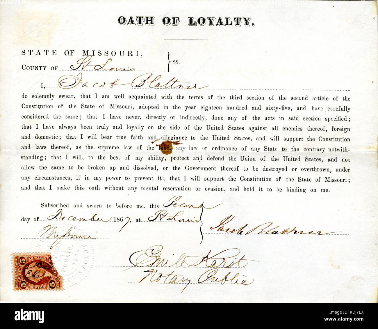 Loyalty oath of Jacob Blattner of Missouri, County of St. Louis Stock Photo
