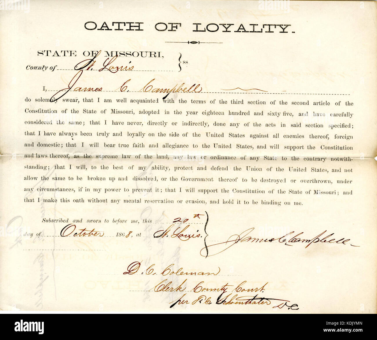 Loyalty oath of James C. Campbell of Missouri, County of St. Louis Stock Photo