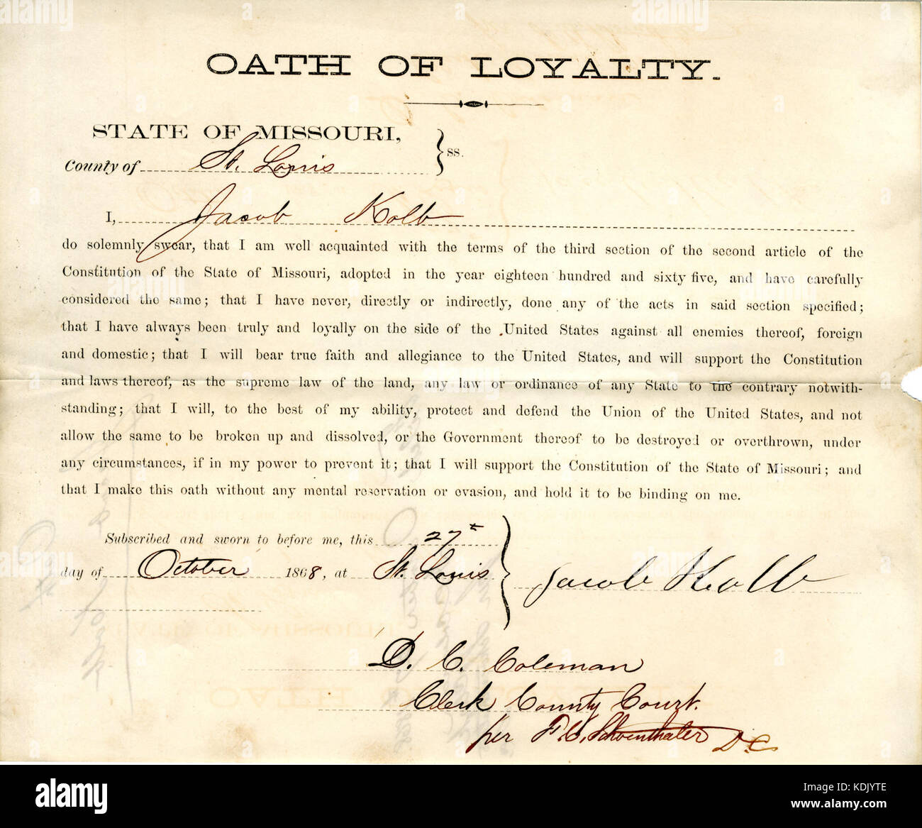 Loyalty oath of Jacob Kolb of Missouri, County of St. Louis Stock Photo