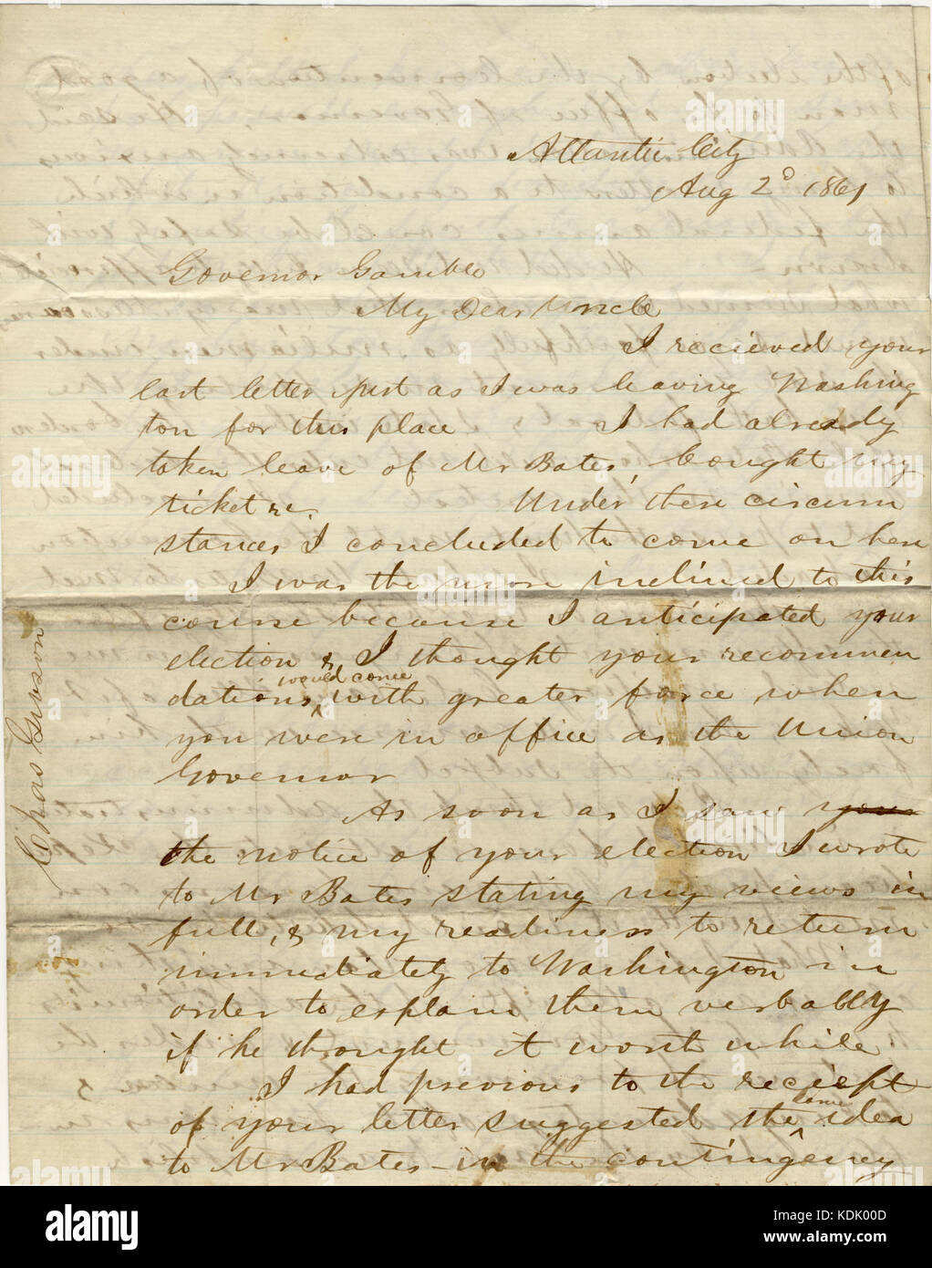 Letter signed C. Gibson (Charles Gibson), Atlantic City, to Governor Gamble (Hamilton R. Gamble), August 2, 1861 Stock Photo