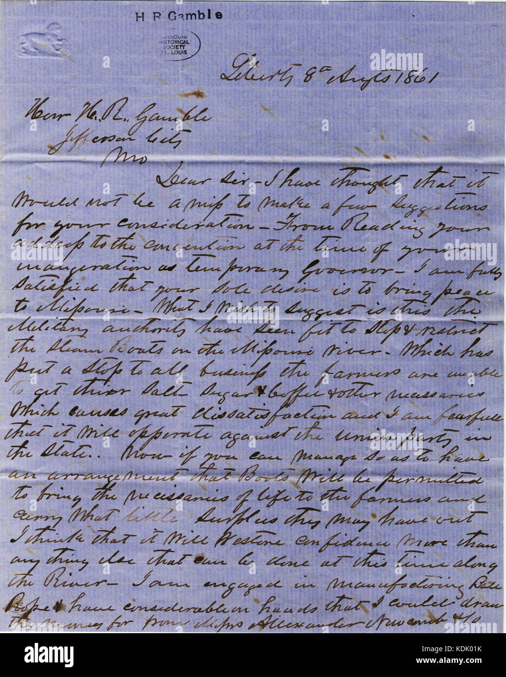 Letter signed L.W. Burris, Liberty, to Hon. H.R. Gamble, Jefferson City, Mo., August 8, 1861 Stock Photo