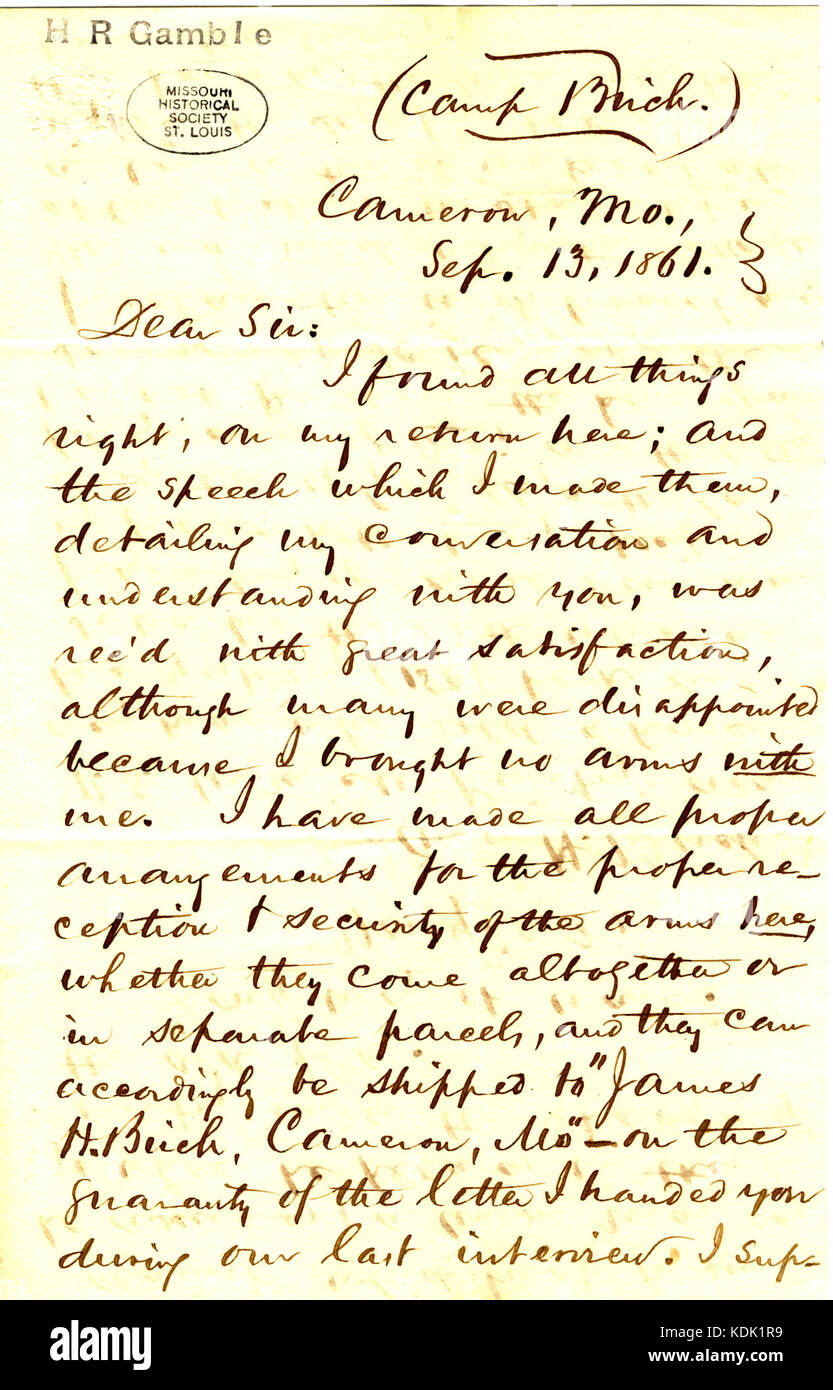 Letter signed James H. Birch, (Camp Birch), Cameron, Mo., (to Hamilton