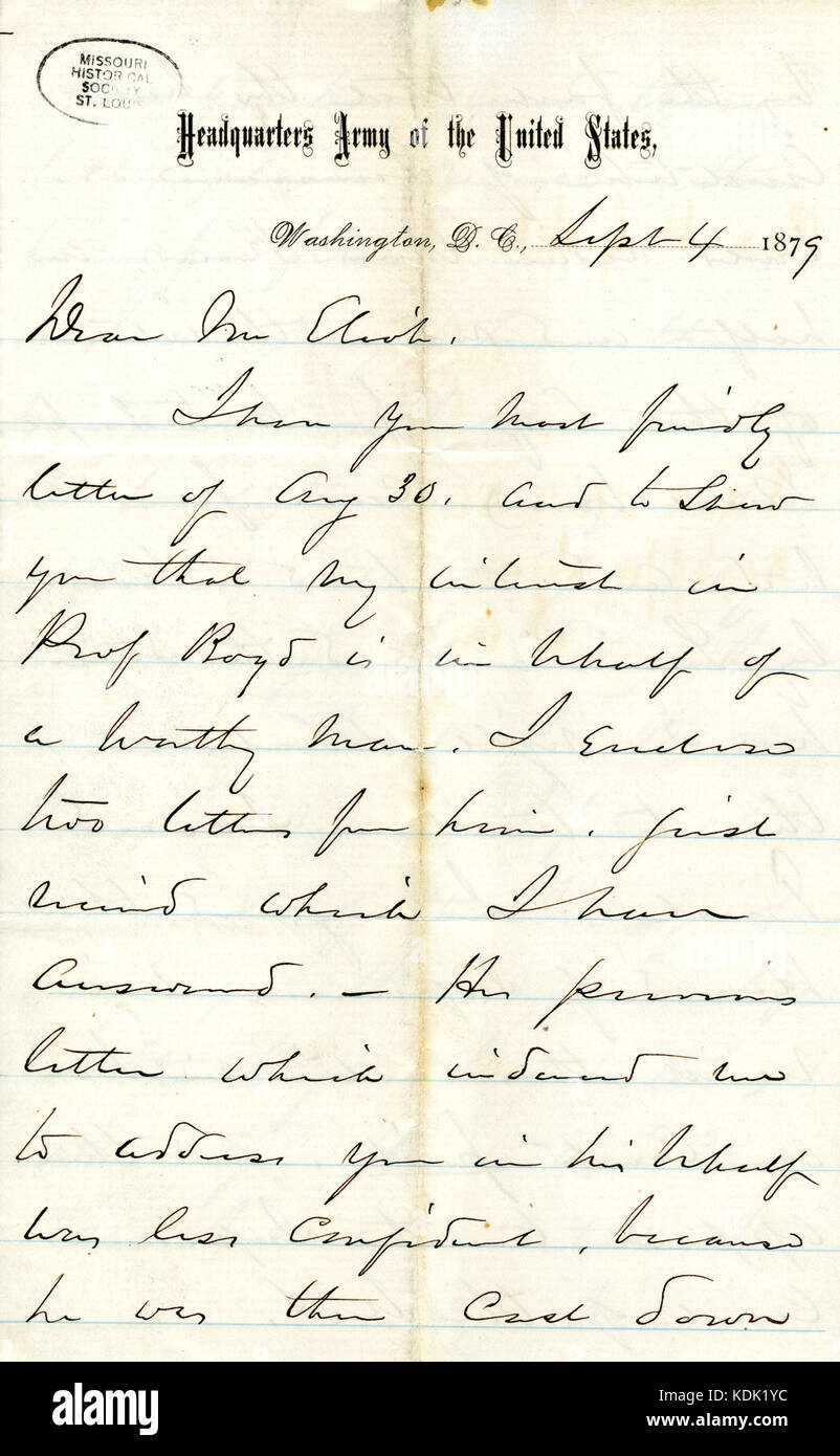 Letter signed W.T. Sherman, Headquarters Army of the United States, Washington, D.C., to Mr. Eliot (William G. Eliot), September 4, 1879 Stock Photo