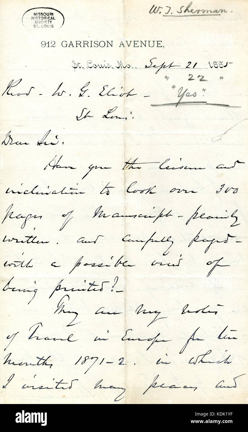 Letter signed William T. Sherman, 912 Garrison Avenue, St. Louis, Mo., to W.G. Eliot, St. Louis, September 21, 1885 Stock Photo