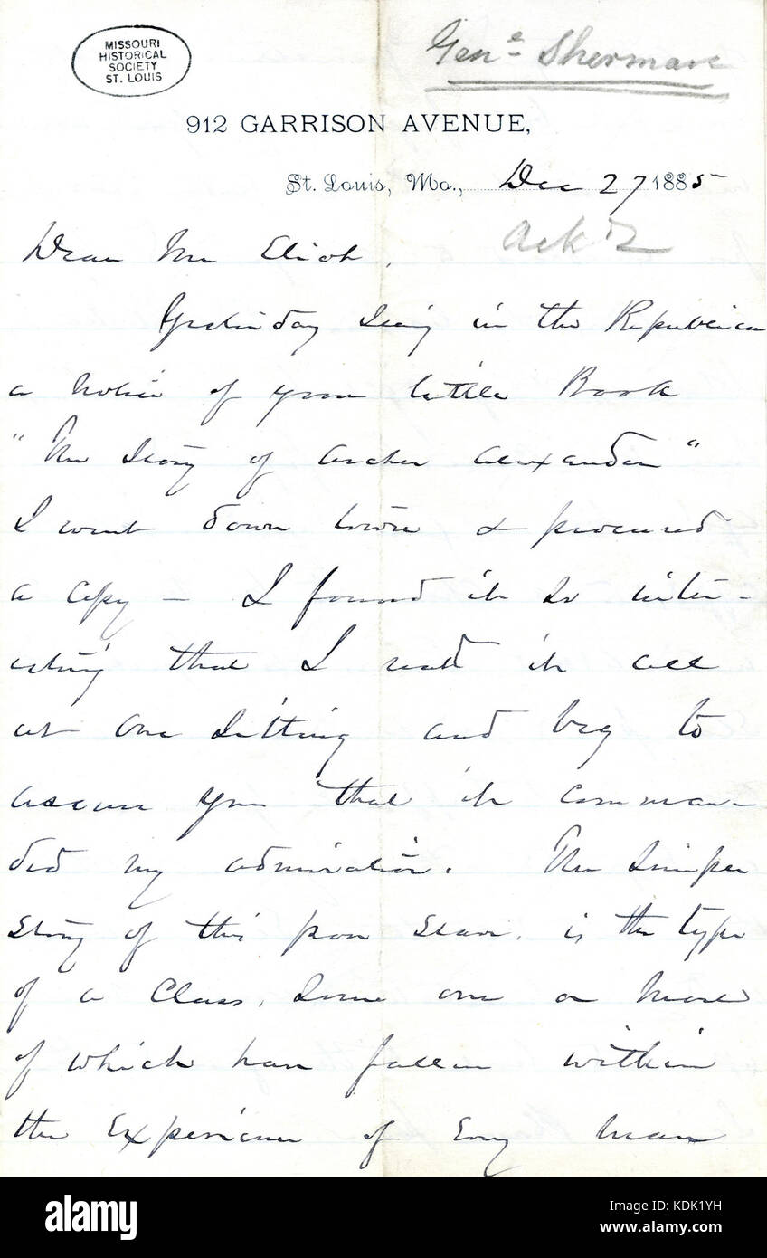 Letter signed W.T. Sherman, 912 Garrison Avenue, St. Louis, Mo., to Mr. Eliot (William G. Eliot), December 27, 1885 Stock Photo