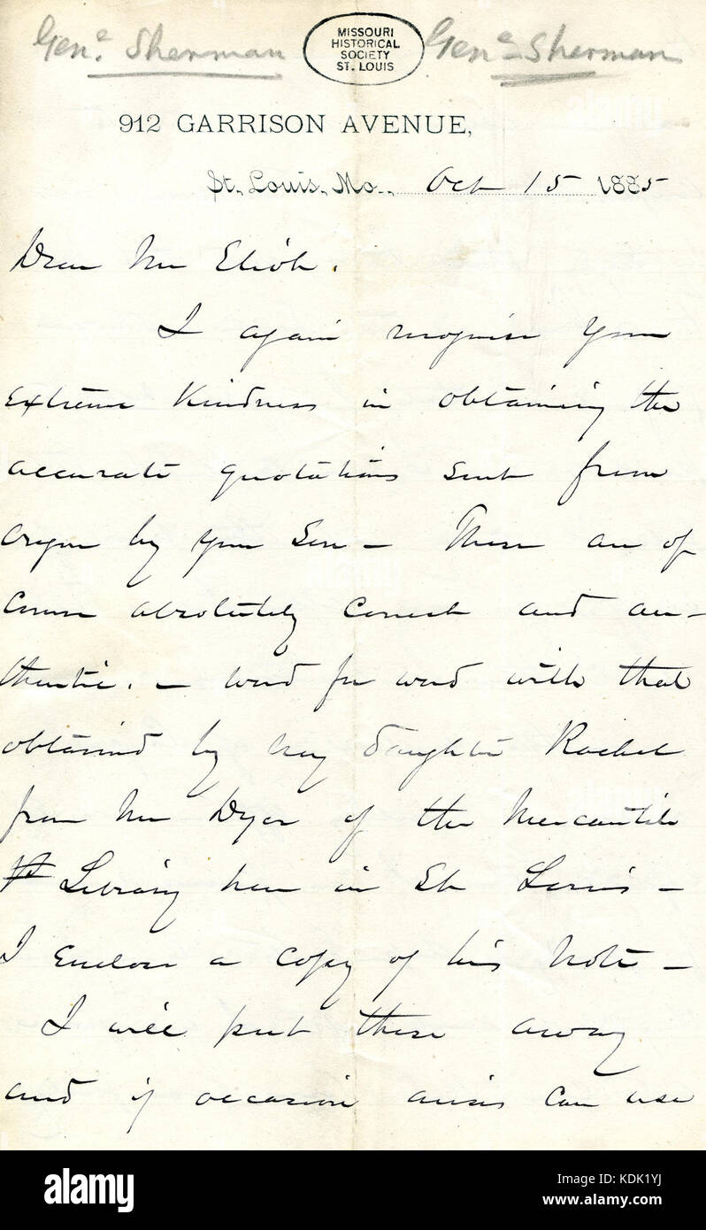 Letter signed W.T. Sherman, 912 Garrison Avenue, St. Louis, Mo., to Mr. Eliot (William G. Eliot), October 15, 1885 Stock Photo