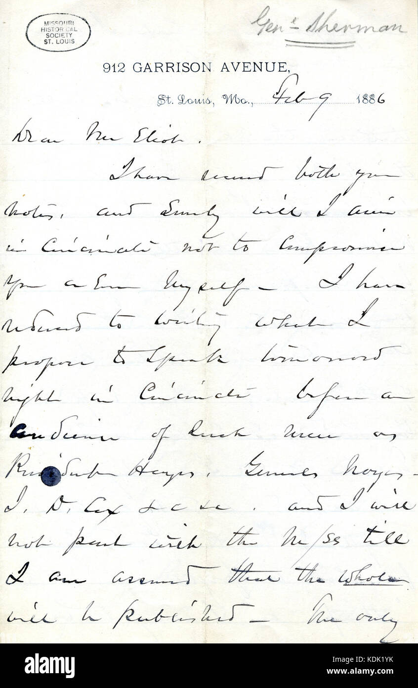 Letter signed W.T. Sherman, 912 Garrison Ave, St. Louis, Mo., to Mr. Eliot (William Greenleaf Eliot), February 9, 1886 Stock Photo