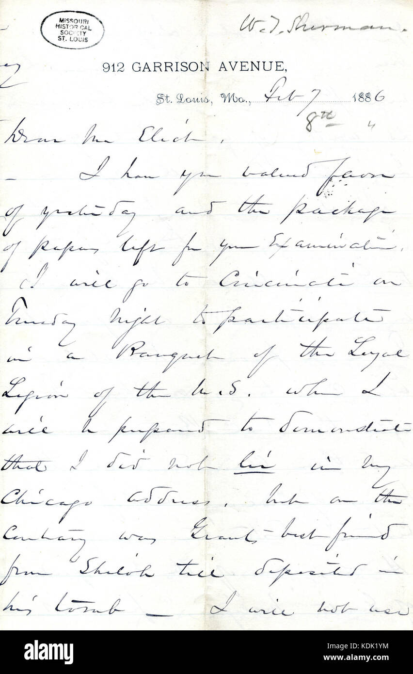 Letter signed W.T. Sherman, 912 Garrison Ave., St. Louis, Mo., to Mr. Eliot (William G. Eliot), February 7, 1886 Stock Photo